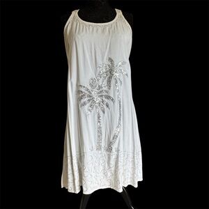 Raya Sun White Cotton Swimsuit Cover-Up Dress Silver Sequins Palm Tree Design XL